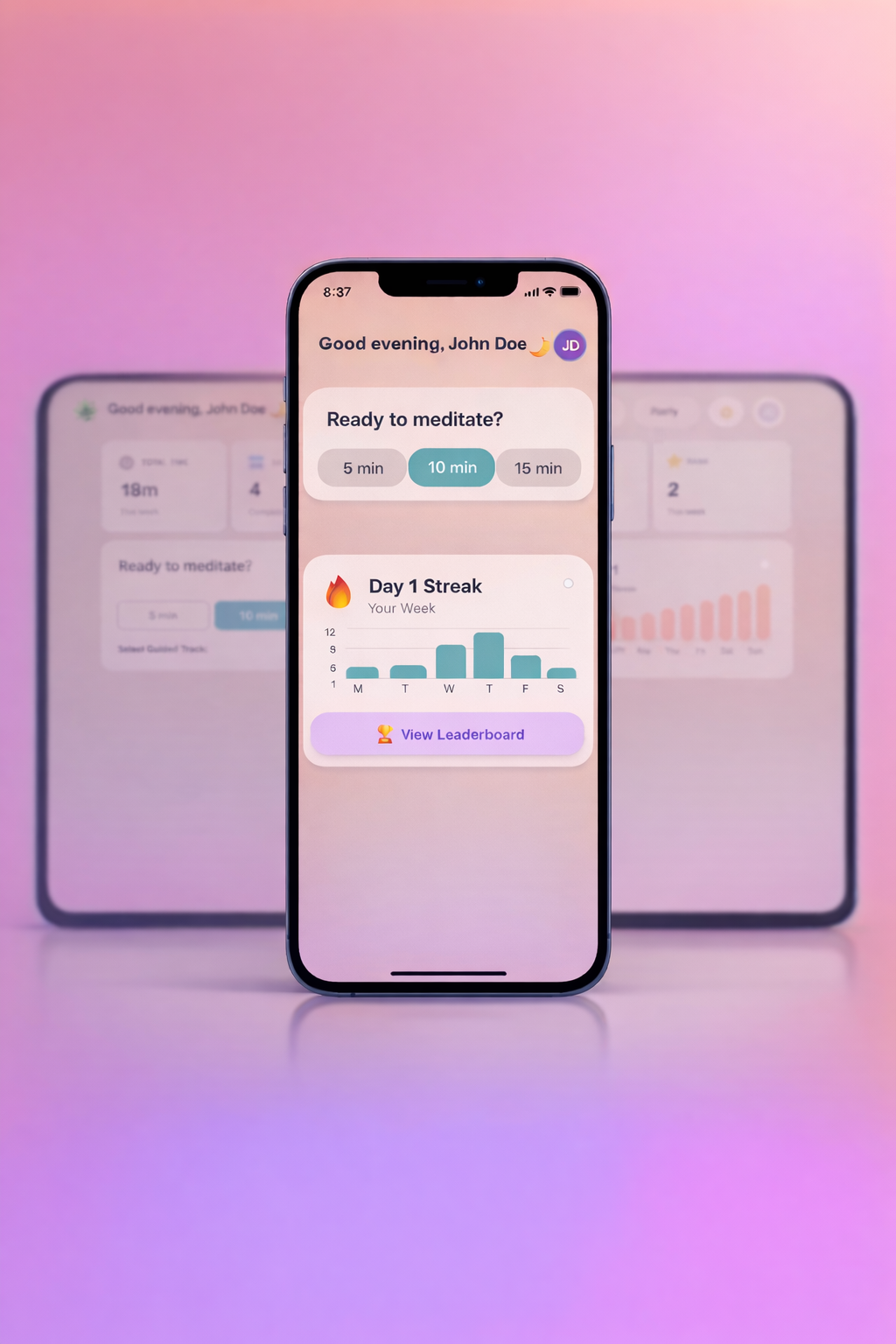 meditation app home dashboard screen with minimalist design, calm colors, progress cards