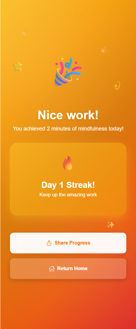 meditation app session complete screen with celebration confetti, streak counter, motivational message